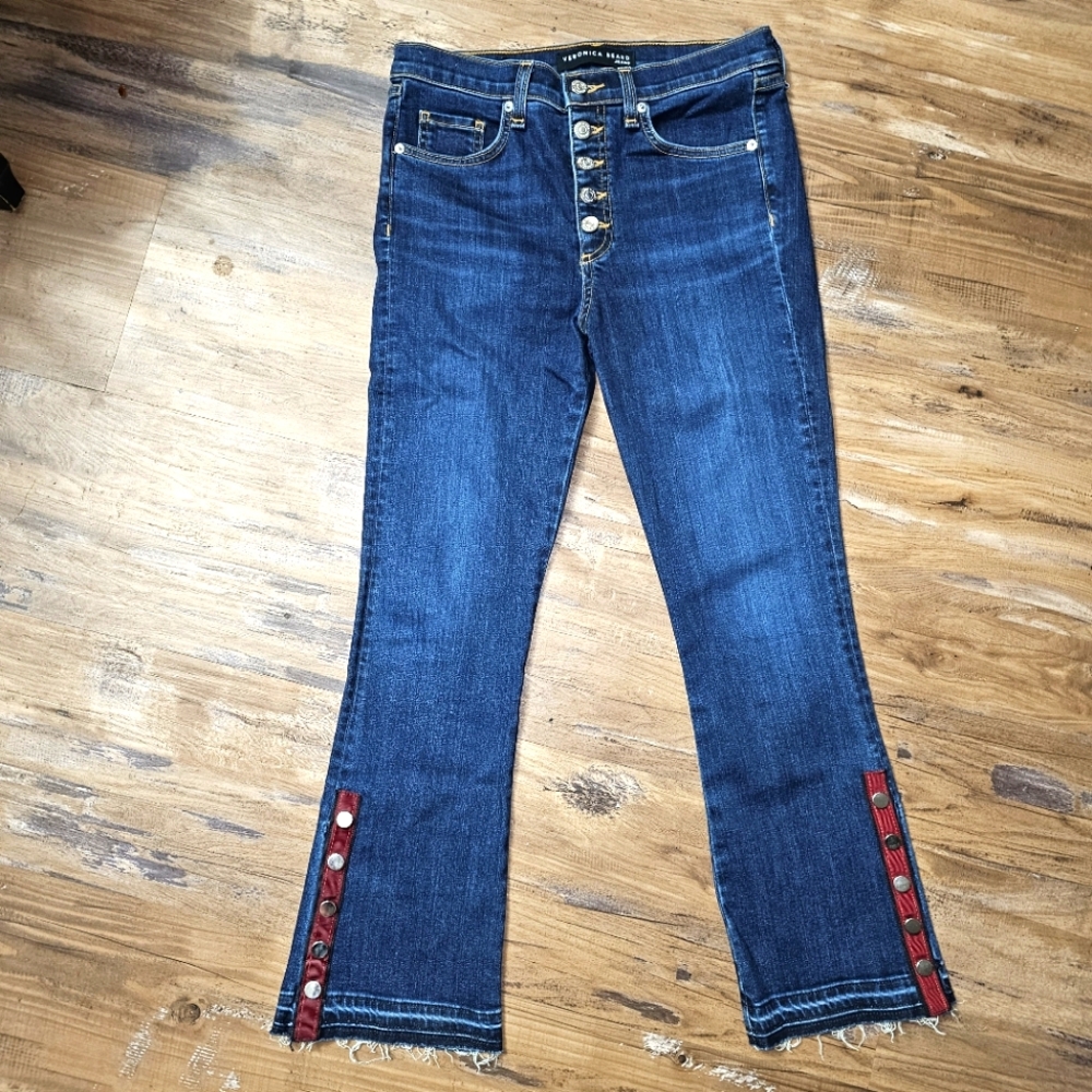 Veronica Beard Blue Cropped Jeans with Red Accents